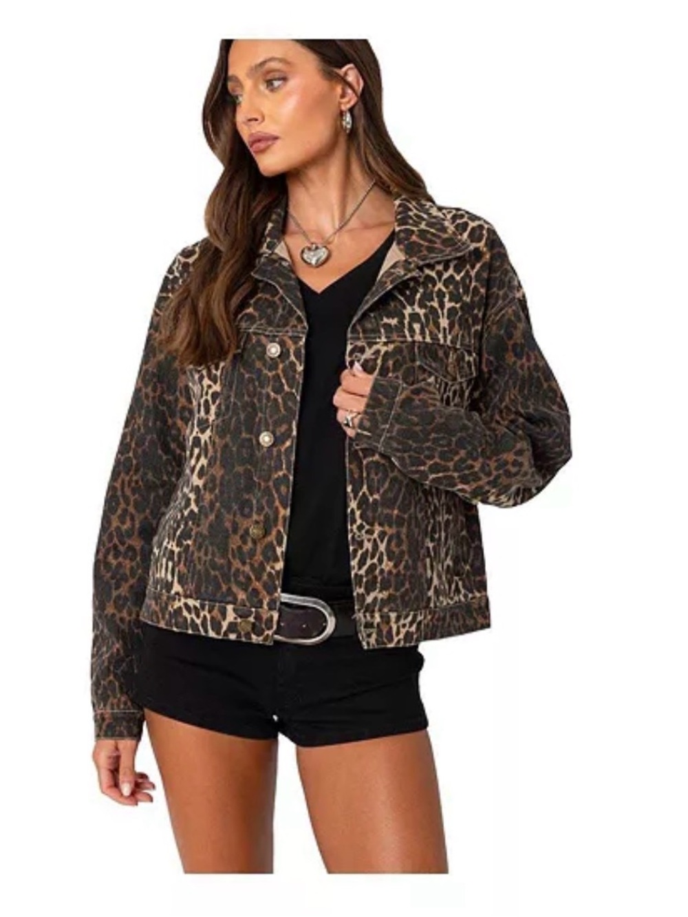 Edikted Leopard-Print Denim Jacket in Brown and Black